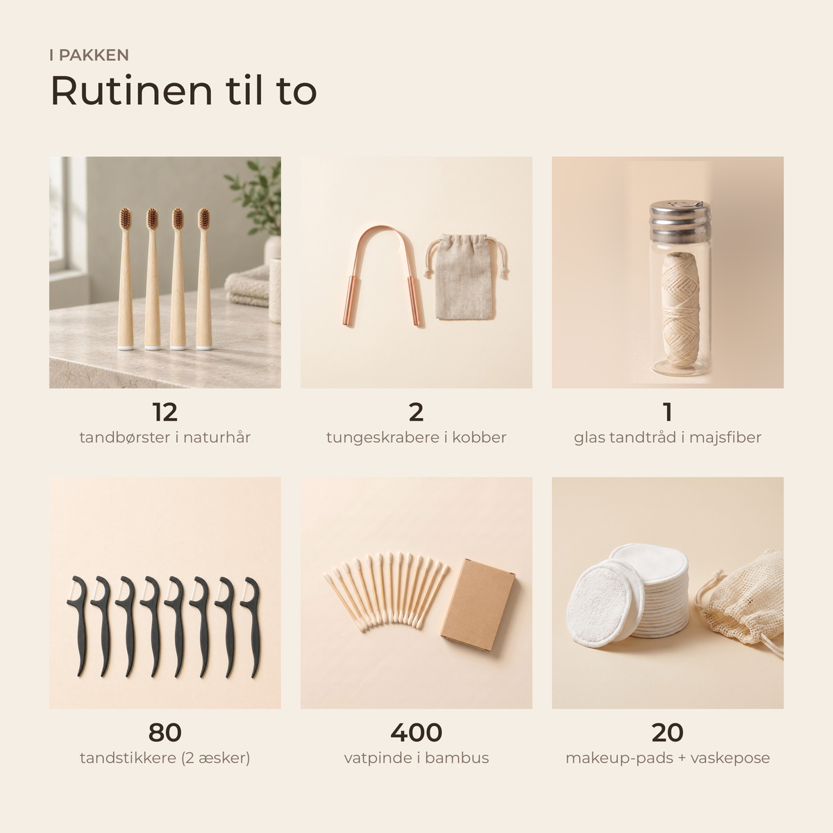I pakken: 12 tandbørster, 2 tungeskrabere, 1 glas tandtråd, 80 tandstikkere, 400 vatpinde, 20 makeup-pads