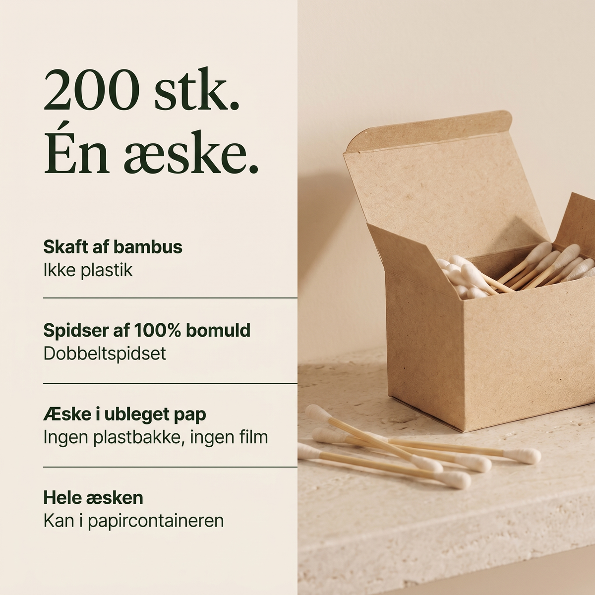 200 vatpinde i én æske: bambusskaft, spidser af 100% bomuld, æske i ubleget pap