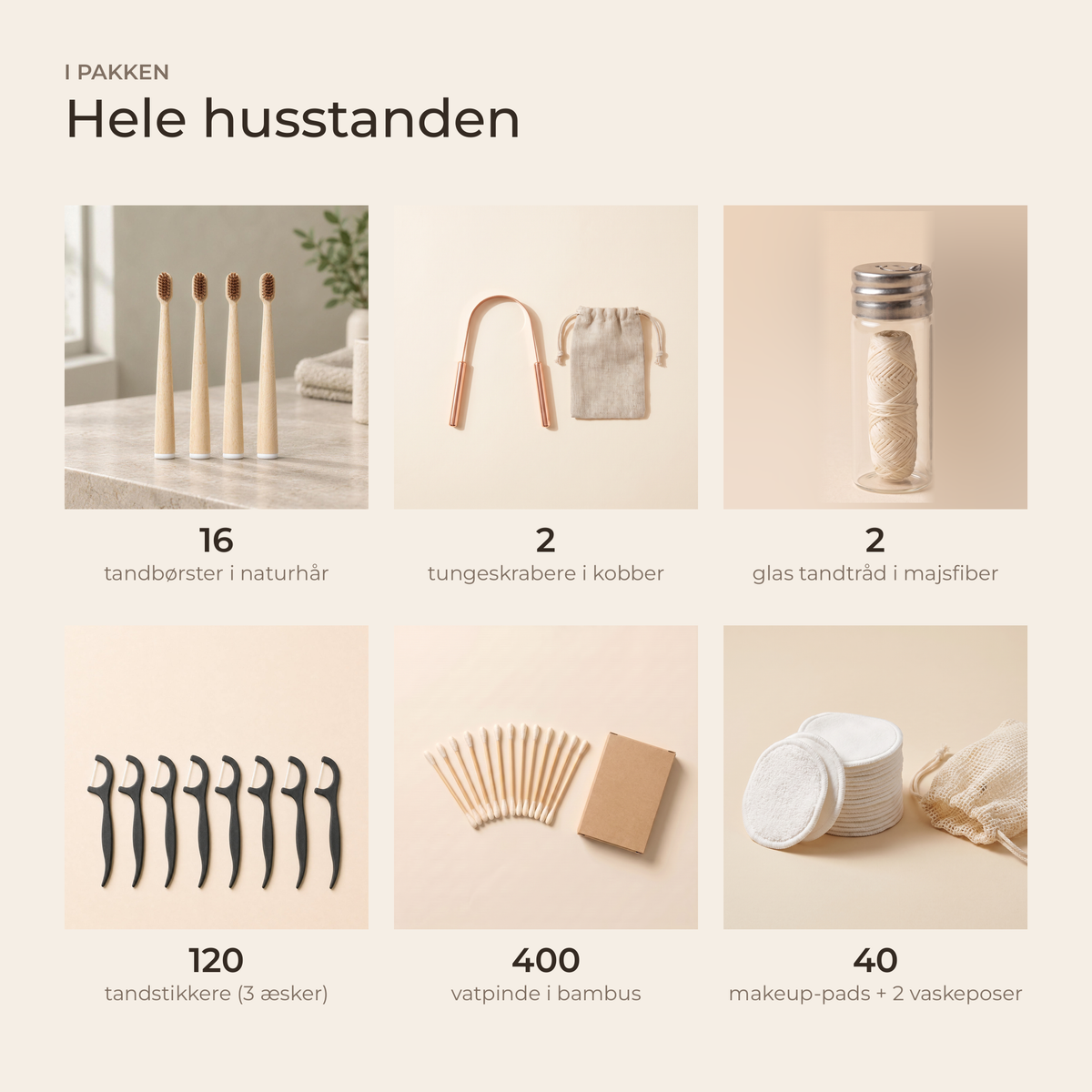 I pakken: 16 tandbørster, 2 tungeskrabere, 2 glas tandtråd, 120 tandstikkere, 400 vatpinde, 40 makeup-pads