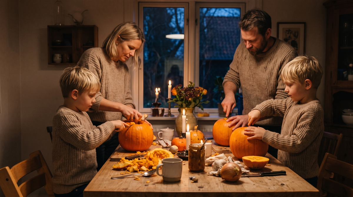 Familie skærer græskar ved køkkenbordet i stearinlys